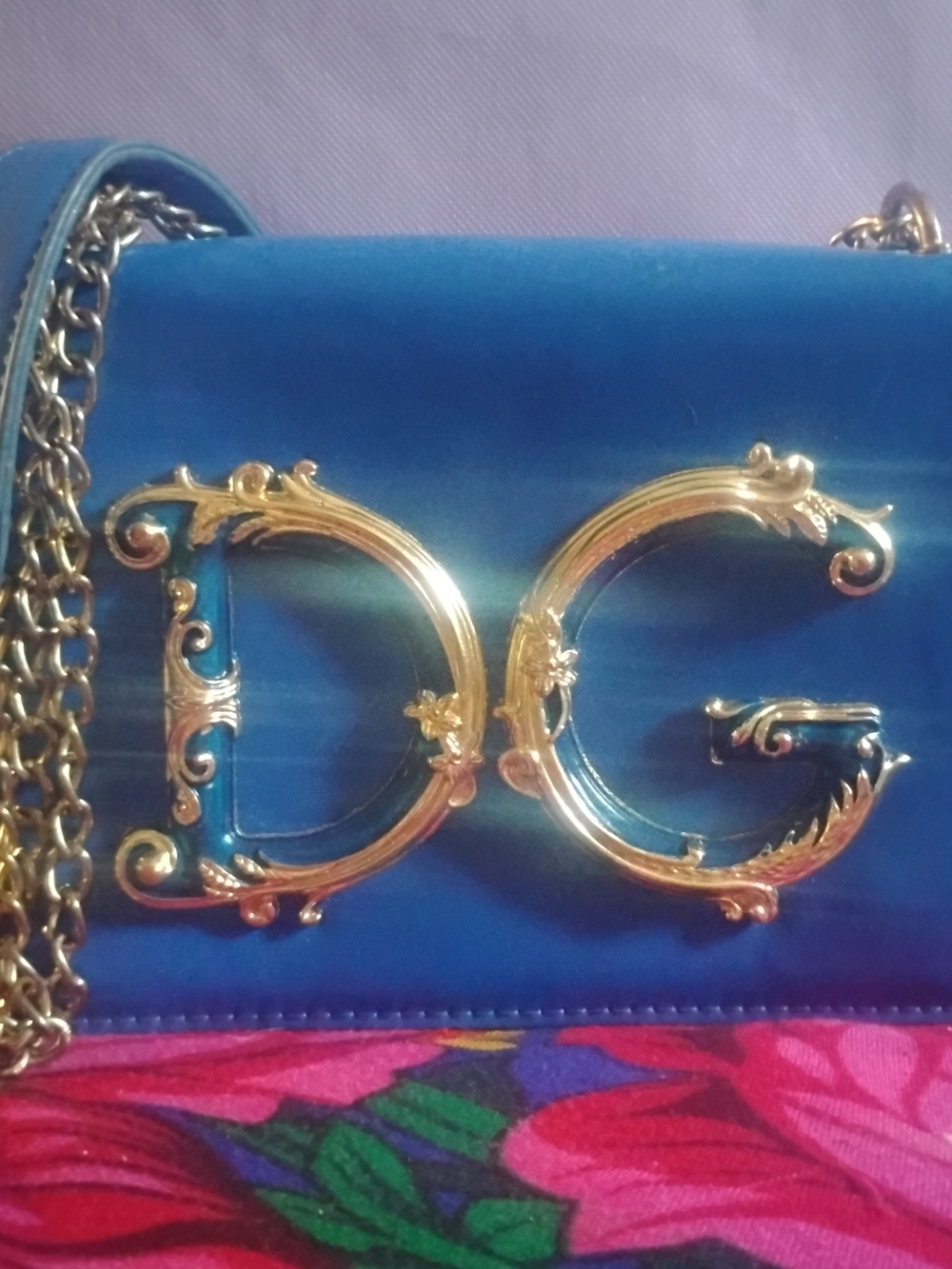 D&G Blue Velvet Shoulder Bag with Gold DG Emblem